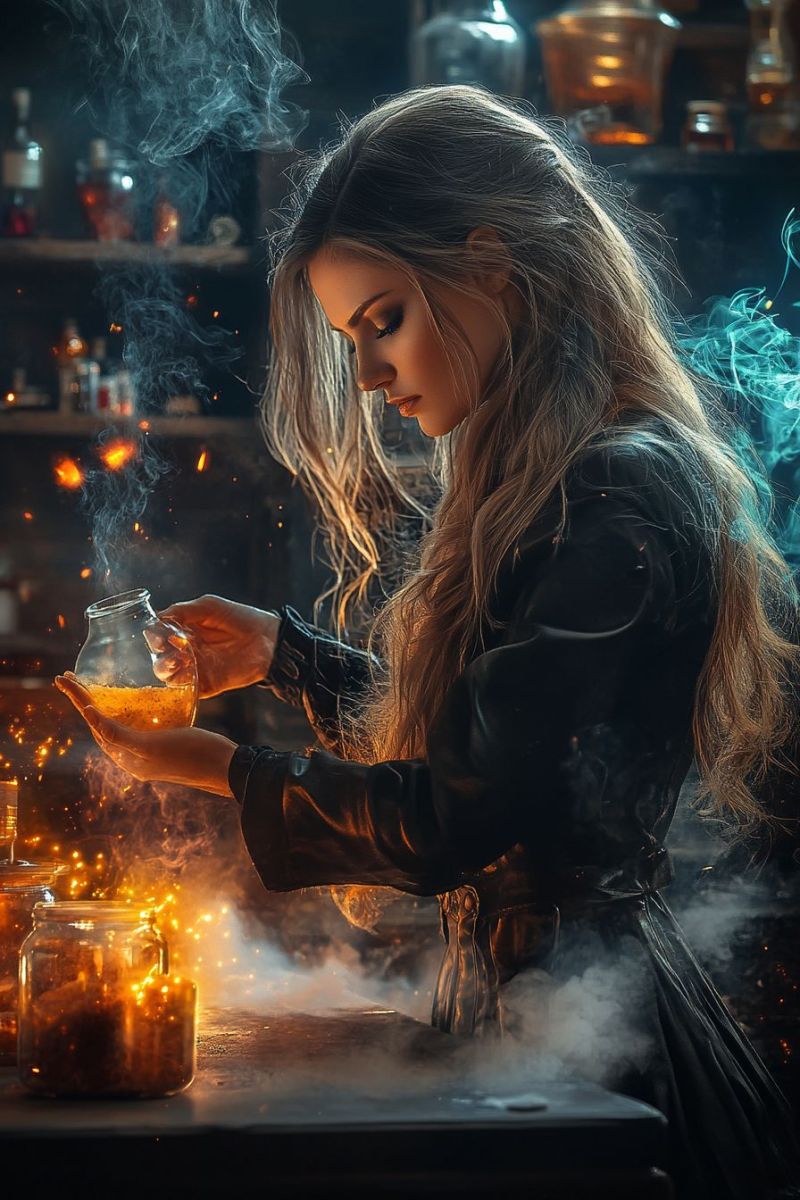 Fantaisiste magicien sorcier aesthetic steampunk eau vie alchimique casting sorts ambiance mystique fumee etincelle potions bouteille pers Un ensemble de fenêtres en verre coloré, chacune divisée en segments et teintée à différentes nuances. Elles présentent des représentations de figures religieuses, spécifiquement des femmes, dessinées avec des halos et ce qui semble être des ailes, ce qui est une iconographie typique représentant lesanges ou saints dans l'art chrétien. Chaque figure porte un manteau différent, l'une étant prominentement revêtue d'un manteau rouge et d'autres exigeant des robes bleues et vertes. Les fenêtres sont insérées dans une structure architecturale qui suggère qu'elles pourraient être partie d'une construction plus grande, peut-être un église ou une cathédrale, en raison du contexte religieux des figures de verre coloré. Il n'y a aucune texte présent dans l'image pour fournir des informations supplémentaires ou contexte.