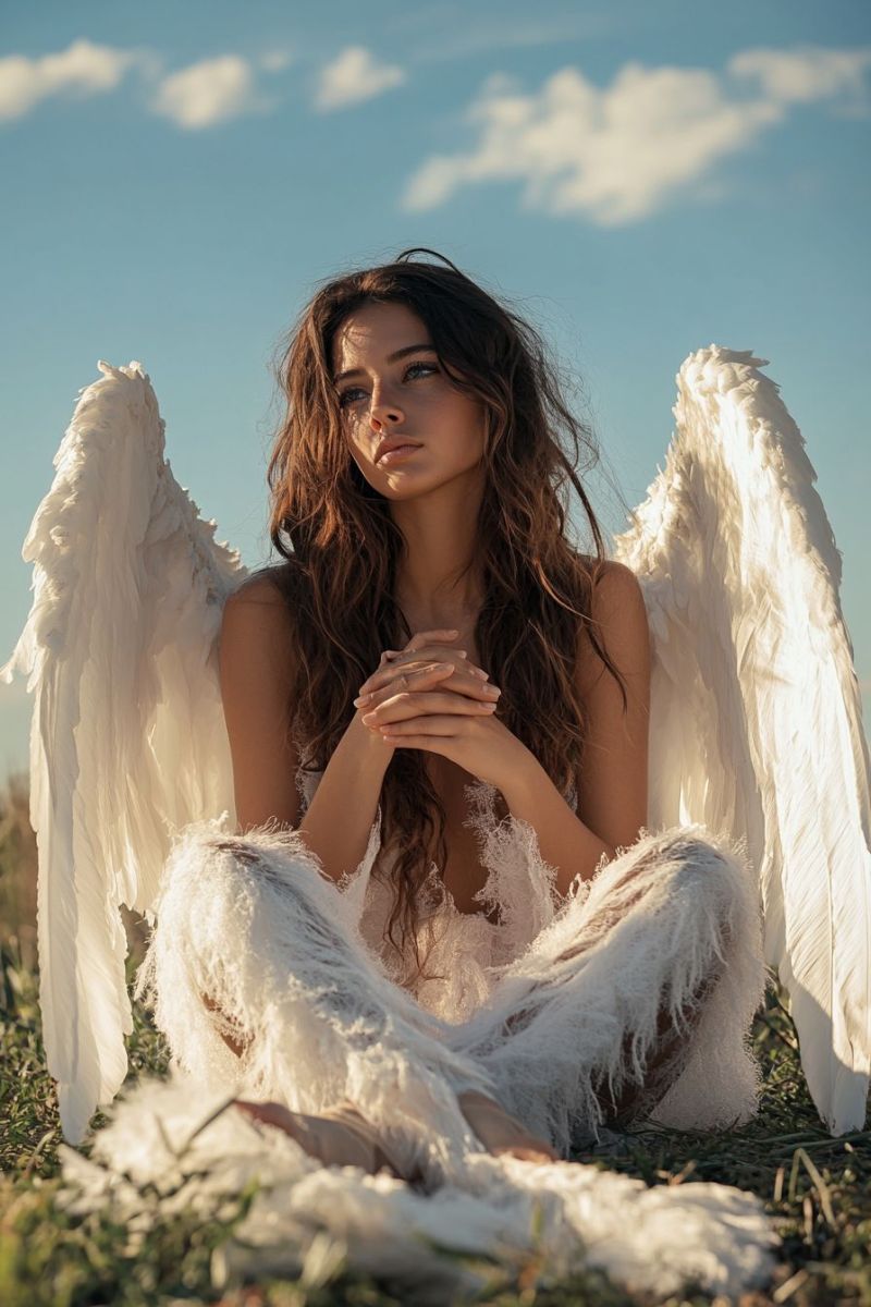 Angelique ailes plumes nature calme ailee blanches posture contemplatif pacifique Une personne assise sur le sol, semblant se trouver dans un cadre naturel extérieur. Cette personne est ornée de grandes ailes en plumes et possède des cheveux longs. Elle est vêtue d'un confortable habillement, probablement de tissus blanc ou clairs qui contredisent les matériaux sombres de ses ailes. Le pose est détendu, avec une main posée sur son genou et l'autre tenant un petit objet, qui pourrait être un téléphone ou un petit livre. La personne regarde vers le bas, en direction de ses mains, avec une expression contemplative ou introspective. Son regard est concentré et elle semble se trouver dans un état de calme ou de pensée profonde. Le fond derrière elle est softement flou, ce qui suggère que la photo a été prise avec un profond plan de champ. Cette technique résulte souvent dans le sujet étant en clair contraste tandis que le fond est à l'état de confusion. La lumière de la photo est naturelle et semble provenir d'une seule côté, créant une ombre douce sur les côtés opposés. L'image a une qualité éthérée à cause des ailes en plumes et de l'expression calme du visage de cette personne.