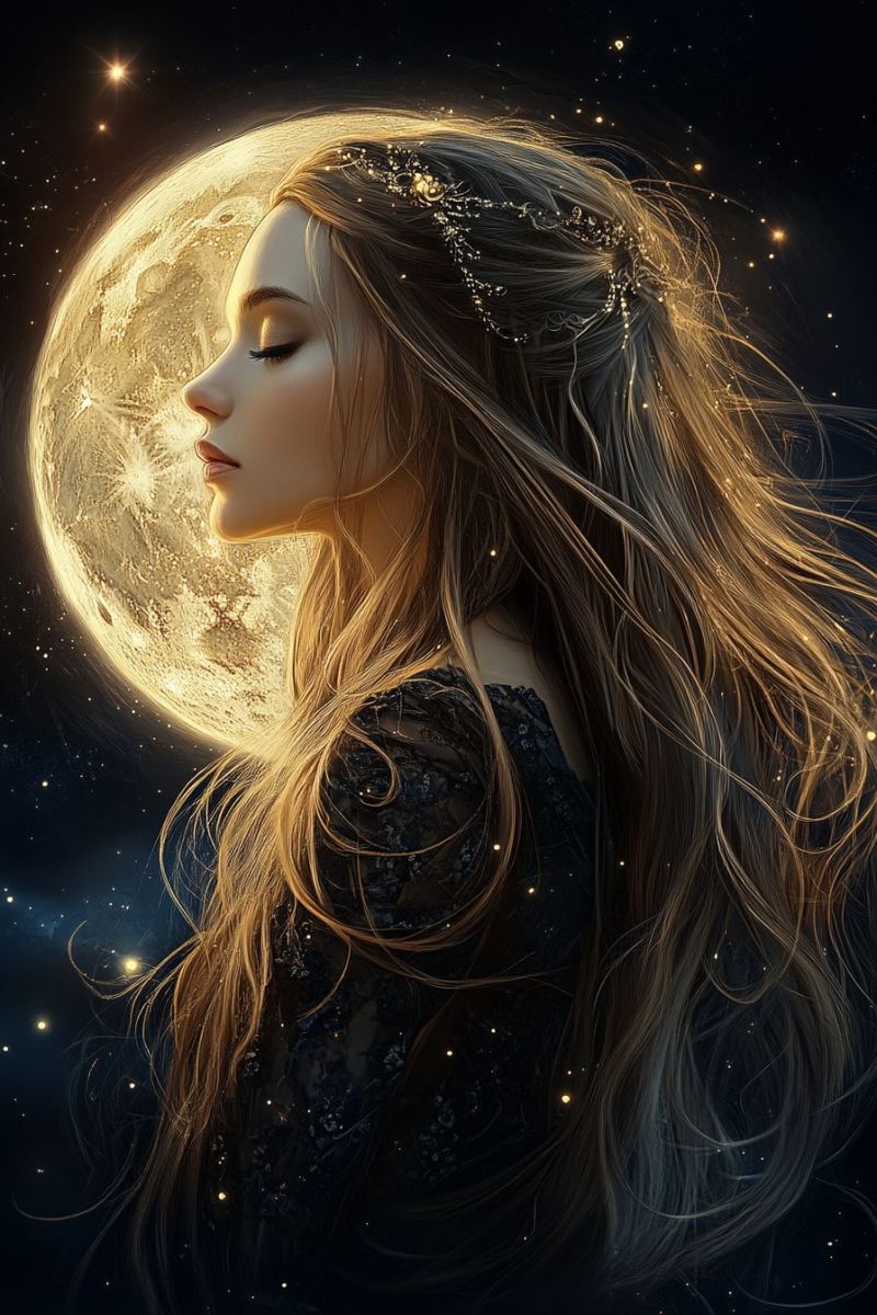 Woman moon night star hair beauty fantasy glow dream magic glowing stars A woman with long, flowing golden hair is gazing at a full moon in the night sky. She wears a black, lace-like dress and a golden crown adorned with small, sparkling stones. Her hair cascades down her back and shoulders, illuminated by the moon's soft glow. The moon is bright and full, surrounded by a dark, starry sky. The woman's face is serene, with her eyes closed, and she appears to be lost in thought.