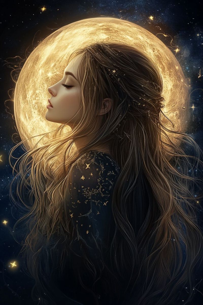 Woman hair night moon stars dream fantasy sleep beauty glow glowing space universe celestial A woman with long, flowing hair is depicted in a serene pose, her eyes closed, and her head tilted slightly to the side. She is wearing a dark, star-patterned dress that shimmers with golden accents. Her hair cascades down her back and is adorned with tiny, sparkling stars. The background features a large, glowing full moon with a soft, ethereal light that illuminates the scene. The night sky is filled with stars, adding to the mystical atmosphere. The woman's expression is peaceful, and the overall composition conveys a sense of tranquility and wonder.