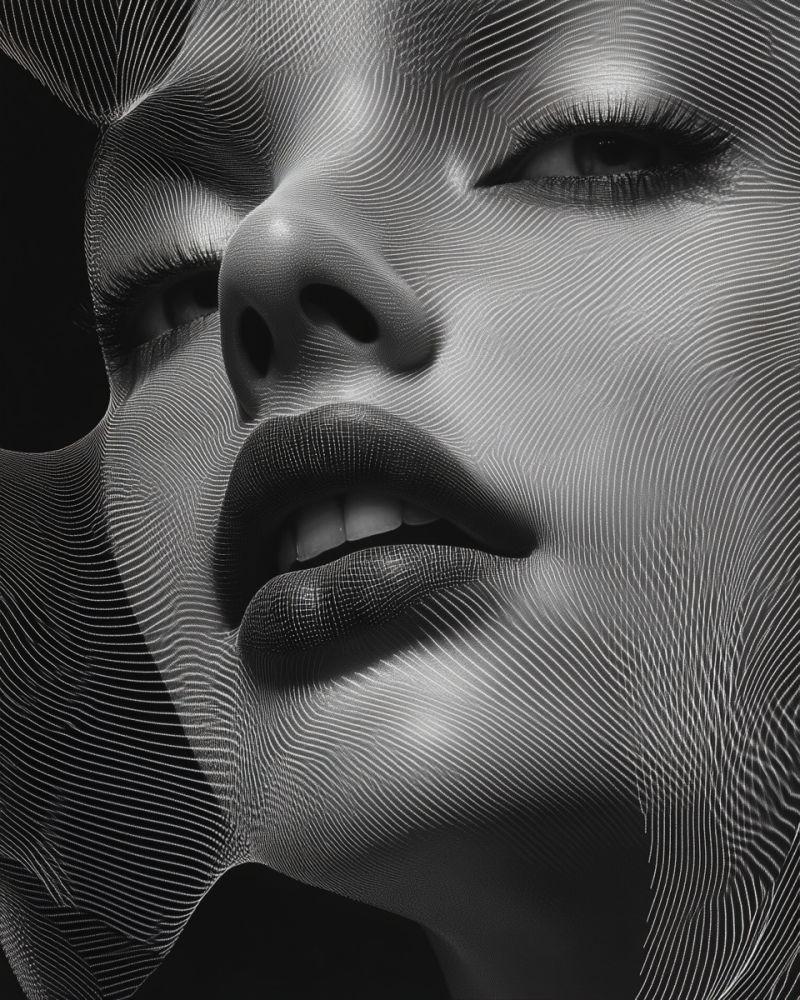 Visage femme texture geometrique minimalisme mode beaute oeil levres nez peau cheveux sourire Gros plan du visage d'une femme en noir et blanc. Son visage est orné de lignes ondulées complexes qui créent un effet texturé, presque numérique. Les lignes sont les plus proéminentes autour de ses yeux, de son nez et de ses lèvres, donnant l'impression d'un masque ou d'un superposition numérique. Ses yeux sont fermés et ses lèvres légèrement entrouvertes, révélant ses dents. L'effet global est moderne et artistique, avec un accent sur les contours et les traits de son visage.