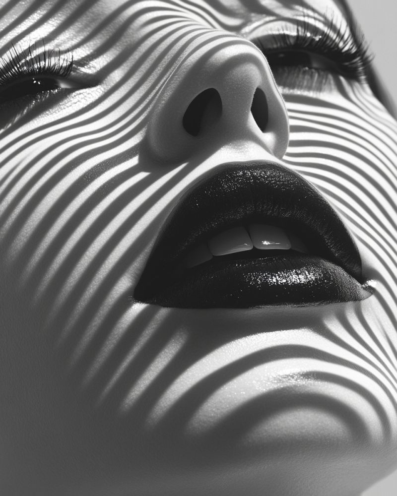 Visage levres Un portrait en gros plan en noir et blanc du visage d'une femme. Ses yeux sont fermés et ses lèvres légèrement entrouvertes, laissant apparaître ses dents. Son visage est orné d'un maquillage dramatique, comprenant un eyeliner épais et un rouge à lèvres noir audacieux. L'image capture un moment de repos, avec des ombres douces et des reflets accentuant les contours de son visage. L'arrière-plan est flou, concentrant l'attention sur ses traits.