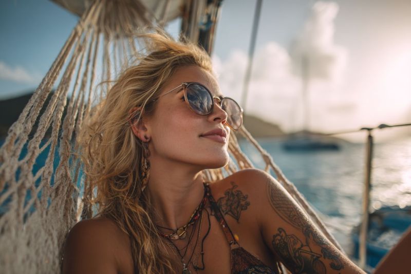 Femme lunettes soleil tatouage bateau eau ciel collier boucle oreille bras visage sourire relaxation vacances air voile plage Une femme aux cheveux blonds est en train de se détendre sur un hamac sur un bateau. Elle porte des lunettes de soleil, un collier et a des tatouages sur les bras. Elle regarde vers la droite, peut-être l'océan. Le hamac est attaché aux rambardes du bateau, et il y a une vue floue de l'océan et d'un bateau au loin.
