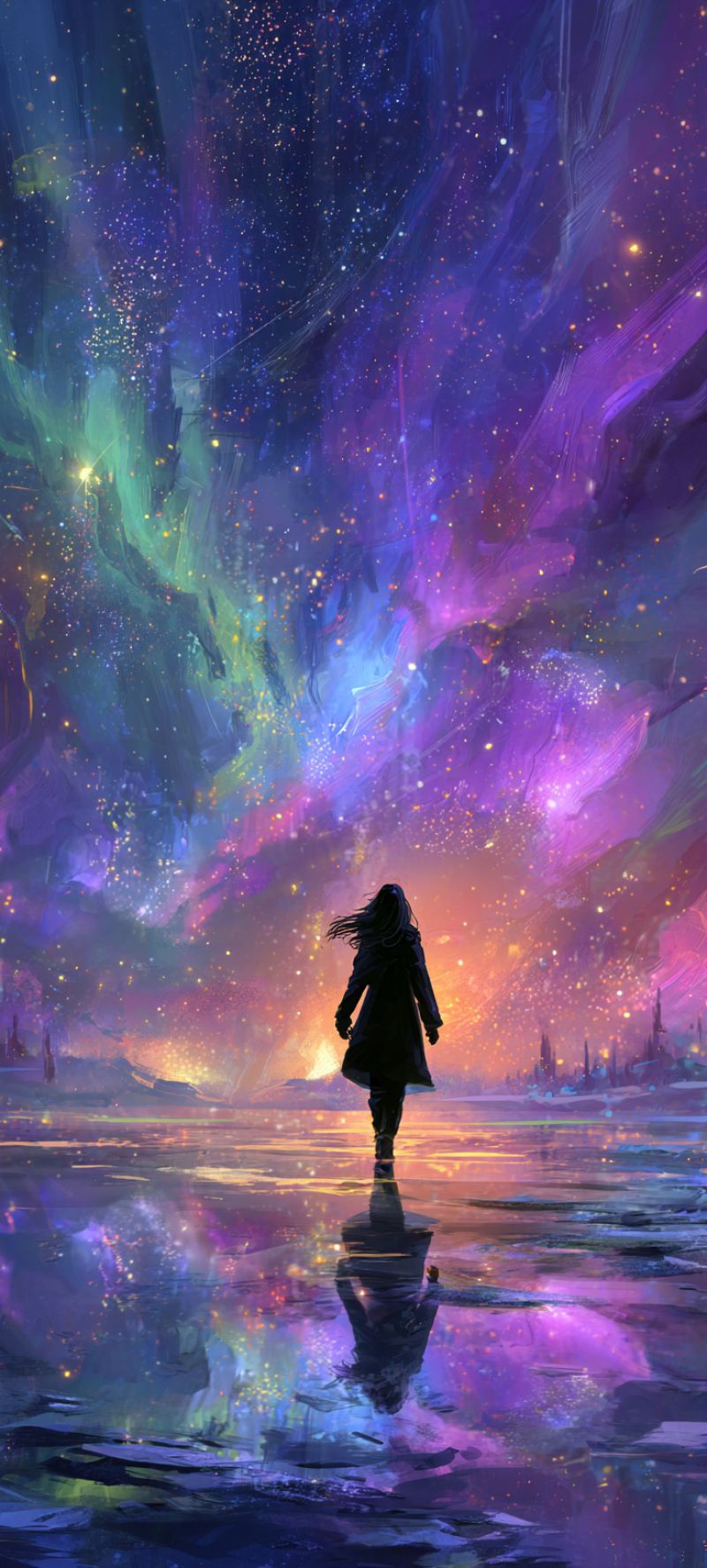 Femme nuit ciel eau reflet fantaisie aurore etoiles nuages obscurite espace univers cosmique cosmologie radiation micro onde Une personne aux cheveux longs se tient sur un lac gelé, son reflet visible sur l'eau. Elle porte un long manteau et des bottes, le dos tourné vers l'observateur. Le ciel au-dessus est un mélange vibrant de violets, de bleus et de jaunes, avec des étoiles et une touche d'aurore boréale. Le sol est glacé, et au loin, il y a des silhouettes d'arbres et de montagnes. La scène est éclairée par une douce lumière éthérée.