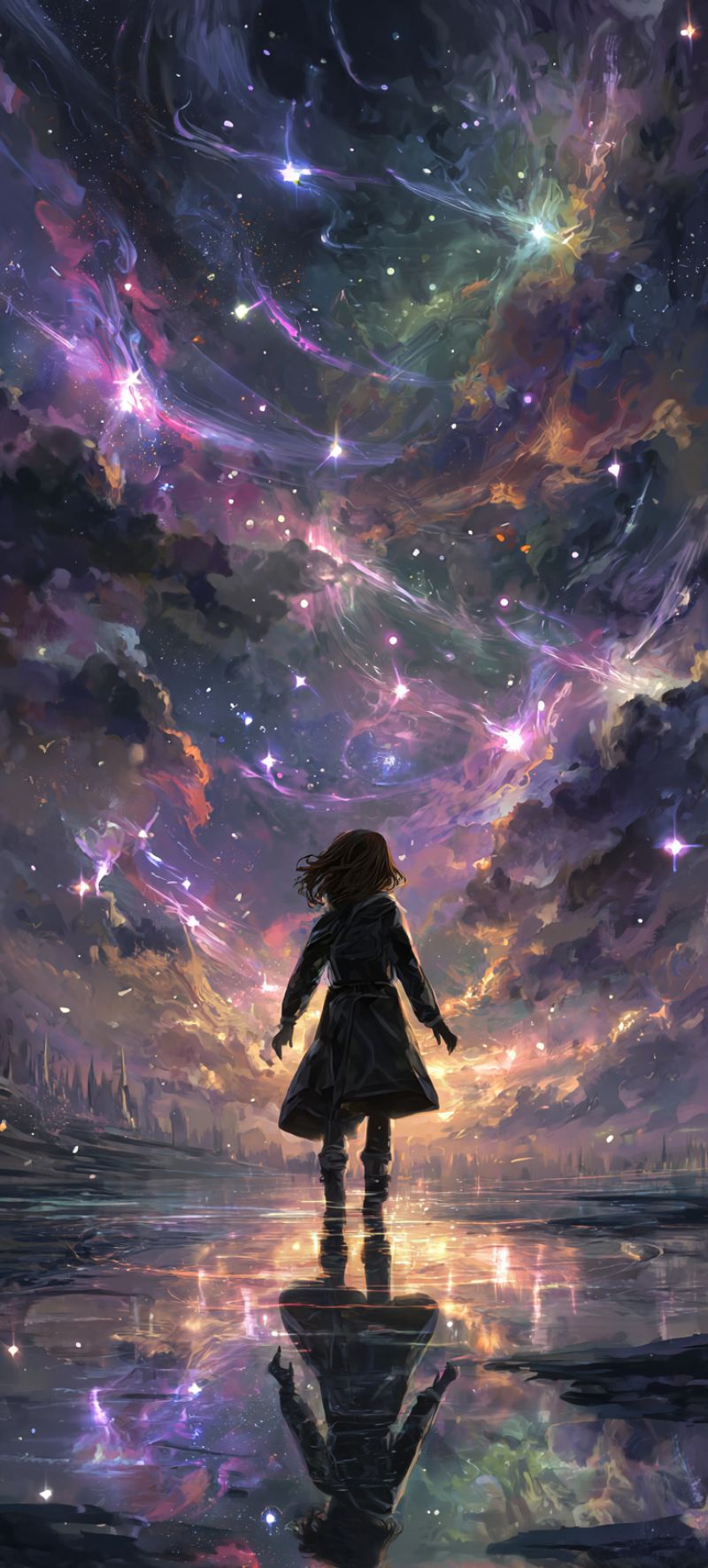 Fille eau reflet nuit ciel etoiles nuages fantaisie espace univers cosmique reveur mystique magique ethere celeste Une jeune fille se tient seule sur une surface réfléchissante, peut-être un lac ou une rivière, sous un ciel de nuit vibrant et coloré rempli de nuages tourbillonnants et d'étoiles. Elle porte un long manteau noir et a de longs cheveux qui flottent derrière elle. Le ciel au-dessus est un mélange de violets profonds, de bleus et de jaunes, avec des traînées de lumière et des étoiles dispersées partout. Son reflet est visible sur l'eau, ajoutant à l'atmosphère surréaliste et magique de la scène.