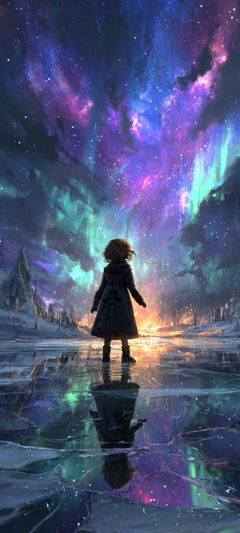 Girl standing water ice reflection night sky clouds stars mountains trees snow painting fantasy aurora colorful atmosphere A young girl stands on a frozen lake, gazing up at a vibrant, colorful sky filled with swirling auroras in shades of purple, green, and blue. Her reflection is visible on the icy surface below her. She wears a dark coat and boots, standing alone in a serene, snowy landscape. In the distance, snow-covered hills and trees are silhouetted against the glowing sky.