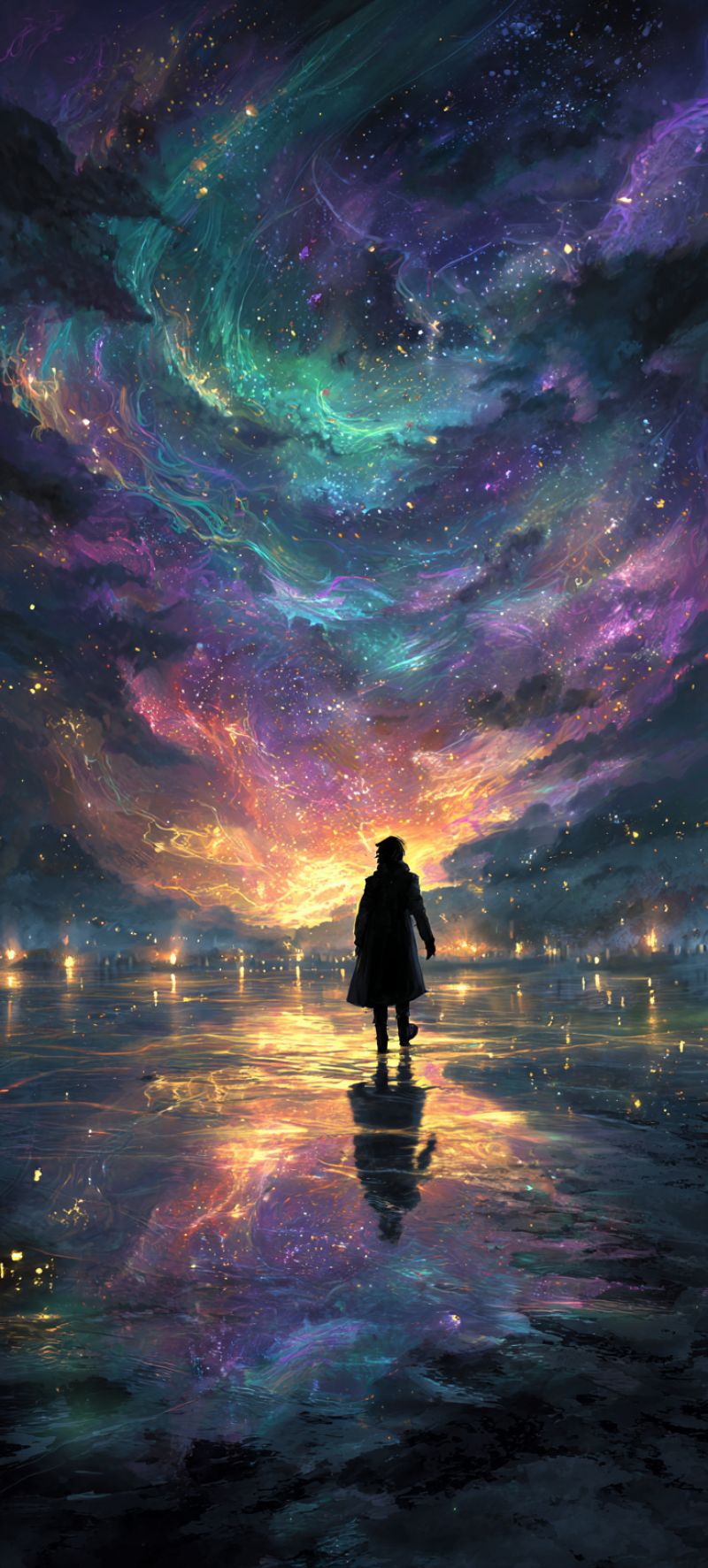 Night sky space universe star cloud reflection water coat walk fire mountain painting imagination A person stands alone on a reflective, possibly icy surface under a vibrant, swirling night sky filled with colors like purple, green, and yellow. The sky is a mix of dark and light hues, with stars and what looks like auroras. The person is dressed in a long coat and boots, facing away from the viewer. Their shadow is cast on the surface below, mirroring the colorful sky above. In the distance, there are faint lights, possibly from a city or town.