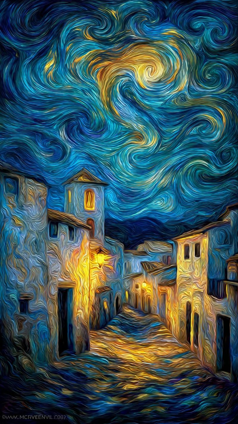 Nuit ciel etoile impressionniste ville rue batiment architecture lampe fenetre porte toit mur texture van gogh La peinture représente une rue étroite la nuit, avec des bâtiments de chaque côté. Les bâtiments sont peints dans des nuances de bleu, jaune et orange, avec quelques fenêtres et portes visibles. La rue est éclairée par une lumière jaune chaude, provenant peut-être d'une lampe ou d'un réverbère. Le ciel au-dessus est d'un bleu profond, avec des motifs tourbillonnants de jaune et d'orange, rappelant une nuit étoilée. L'effet global est celui d'une atmosphère onirique et surréaliste, avec les bâtiments et le ciel se mélangeant dans une composition harmonieuse.