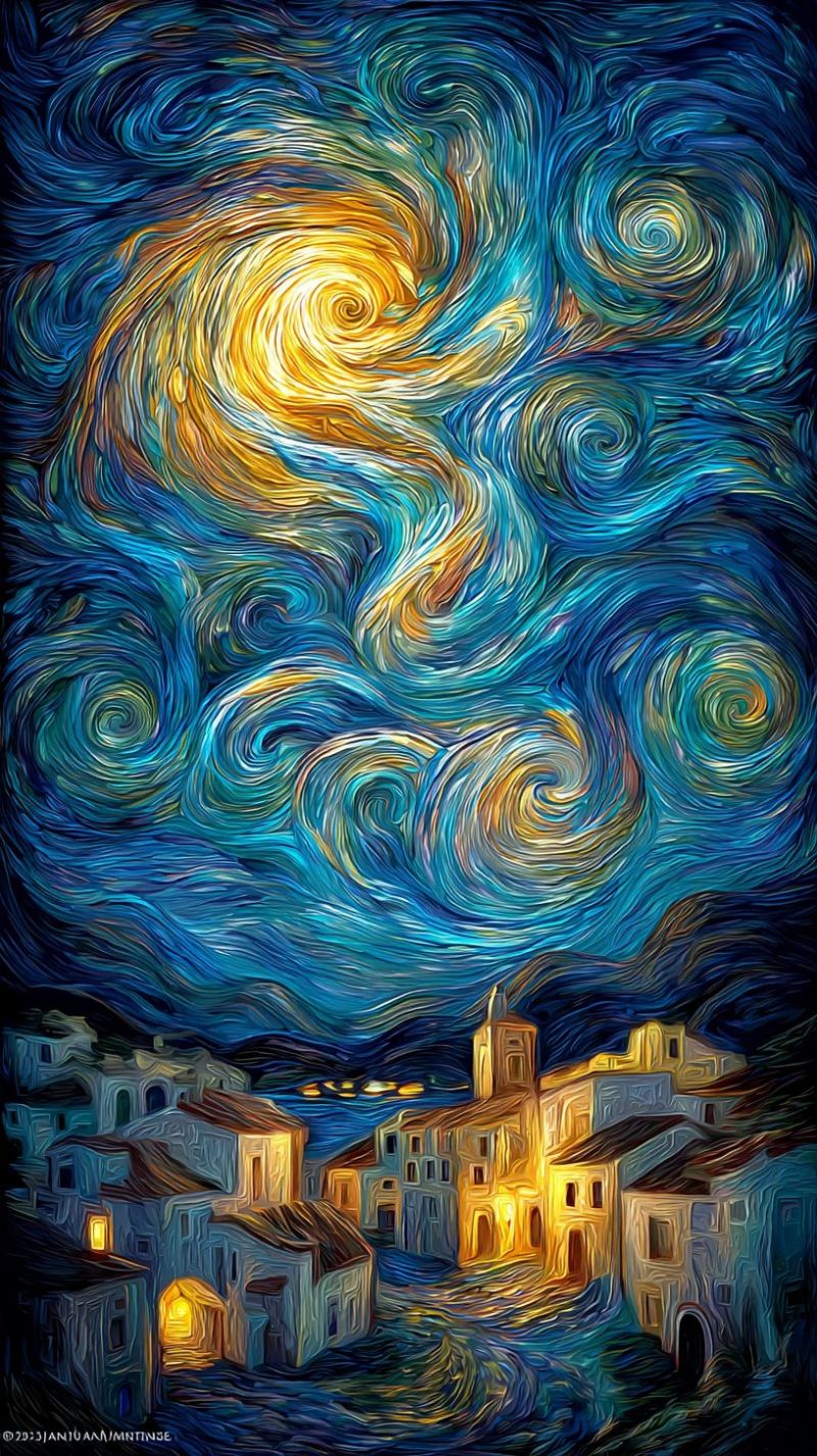 Painting night sky stars town buildings architecture impressionism village water reflection bridge trees mountains copyright van gogh starry The painting depicts a night sky filled with swirling blues, greens, and yellows, reminiscent of a starry night. In the center, a bright yellow sun radiates outward, surrounded by swirling patterns that mimic the movement of stars. Below the sky, a small town is depicted with buildings of various sizes and styles, some with lights glowing from windows, suggesting activity within. The town is set against a back of dark blue, enhancing the contrast between the illuminated buildings and the night sky. The overall mood is serene and dreamlike, with a sense of movement and energy in the sky.