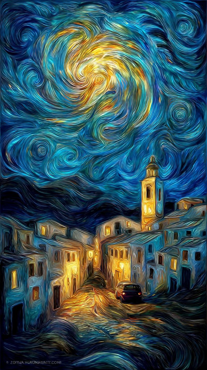 Nuit ciel etoiles ville batiments voiture rue architecture urbain impressionnisme impressionniste post moderne contemporain atmosphere La peinture représente une scène nocturne d'une petite ville sous un ciel de nuit tourbillonnant et vibrant. Le ciel est un mélange de bleus profonds et de jaunes, avec des motifs tourbillonnants qui lui donnent une sensation dynamique, presque surnaturelle. Au premier plan, une rue étroite court entre les bâtiments, avec des lumières jaunes chaudes émanant des fenêtres, projetant une douce lueur sur les pavés. Une voiture est garée dans la rue, ses phares illuminant le chemin devant. Au fond, un haut clocher doré se détache contre le ciel nocturne, ajoutant une sensation d'échelle et de profondeur à la scène. L'ambiance générale est sereine et légèrement mystérieuse, avec le ciel tourbillonnant et les lumières chaudes créant un contraste entre l'immensité de la nuit et l'atmosphère chaleureuse et intime de la ville.