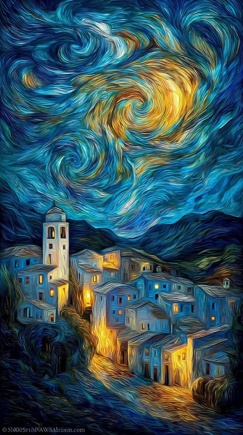 Nuit ciel etoiles village maisons batiments montagnes collines arbres eau reflet vagues nuages impressionnisme texture La peinture représente un village sous un ciel nocturne rempli de bleus et de jaunes tourbillonnants. Le village est niché dans une vallée, avec des bâtiments de diverses tailles et formes. Une tour proéminente avec une cloche se dresse au centre, entourée de maisons plus petites. Le ciel est un mélange dynamique de bleus profonds et de jaunes vibrants, créant un sentiment de mouvement. Le village est illuminé par des lumières jaunes chaudes provenant des fenêtres, contrastant avec les tons frais du ciel. L'ambiance générale est sereine mais vivante, avec le village apparaissant paisible mais plein de vie.