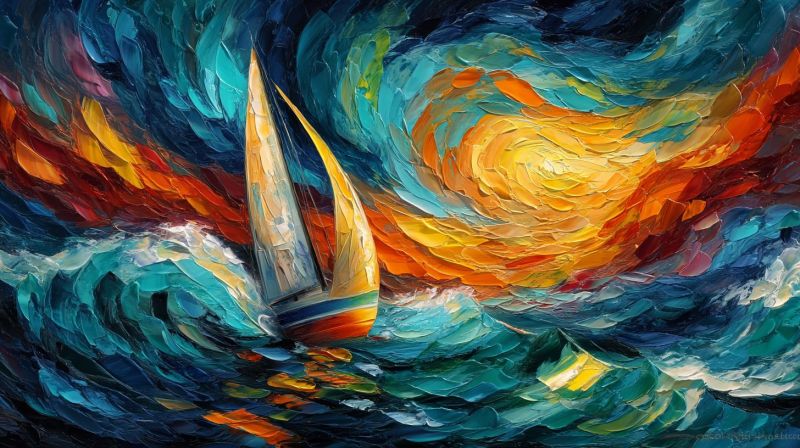 Bateau eau mer ocean ciel soleil coucher vague nature voile tempete vent aventure liberte Le tableau représente un voilier naviguant à travers une mer agitée sous un ciel dramatique. Le voilier est placé au centre, avec ses voiles gonflées par le vent. La mer est représentée par des vagues bleu foncé et déchaînées, créant un sentiment de mouvement et de chaos. Le ciel est un mélange vibrant de couleurs, passant des bleus et violets profonds en haut aux oranges et jaunes ardents près de l'horizon, suggérant soit un coucher de soleil soit un lever de soleil. Les couleurs sont appliquées avec des coups de pinceau épais et expressifs, donnant au tableau une sensation dynamique et presque chaotique. L'ambiance générale est celle de l'aventure et de la lutte contre les forces de la nature.