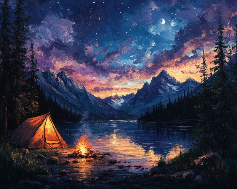 Painting camping nature night sky over mountain forest scenery starry alpine mountainous lake serene wilderne tent river tranquil nighttime scene in the wilderness. There is a tent pitched by a serene body of water, which could be a lake or river. Above the tent, there are two people seated outside on a rocky outcropping with the backdrop of the natural scenery. They appear to be enjoying the view and the evening sky filled with stars. The sky is painted in hues of deep blue, indicating it's nighttime. In the distance, mountainous terrain is visible under the starlit sky, contributing to the sense of wilderness and solitude. There are trees lining the shore near the tent, suggesting a forested area around this campsite. The overall atmosphere is peaceful and serene, typical of a quiet evening in nature.