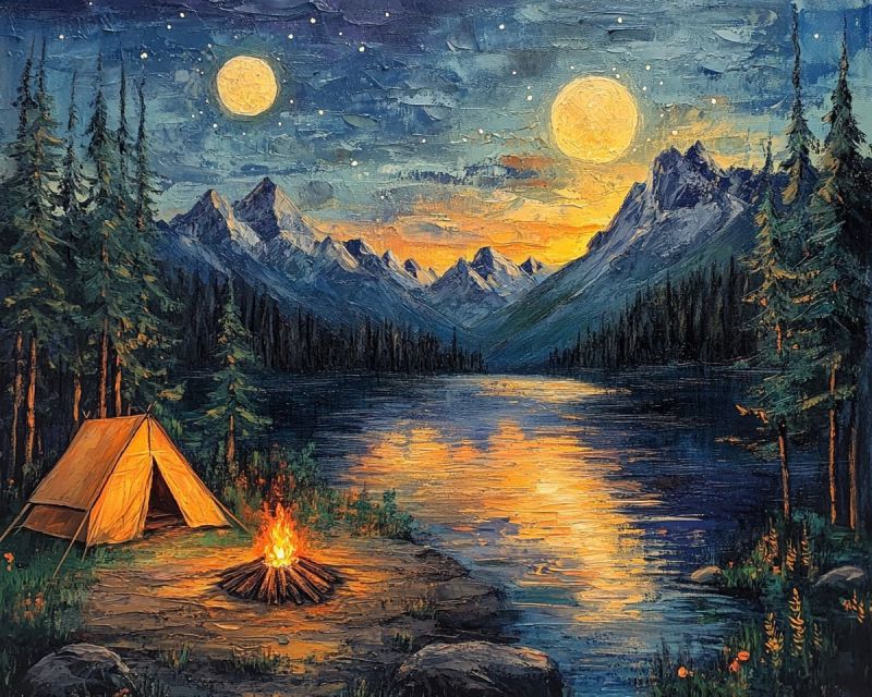 Acrylic painting night landscape campfire accurate picture amazing demonstrating the mischiefs wild of human activities on la acrylic painting night landscape campfire