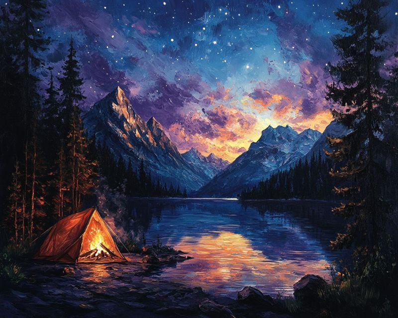 Acrylic painting night landscape campfire accurate picture amazing demonstrating the mischiefs wild of human activities on la acrylic painting night landscape campfire