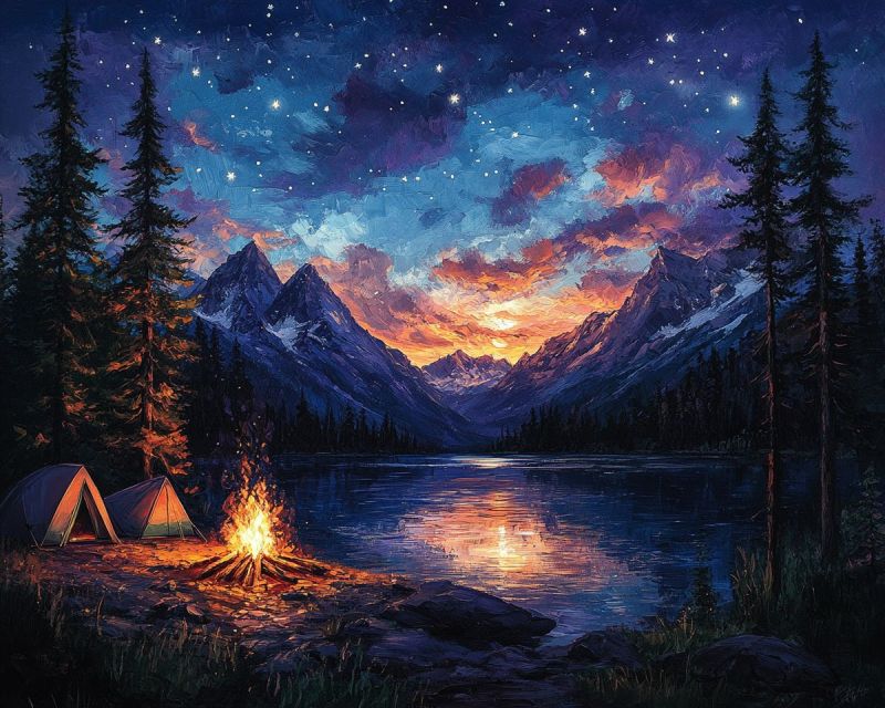 Nature night sky mountain camping forest tent campfire aurora boreali skyline outdoor starry serene nighttime scene in a mountainous landscape. There is a calm lake with a few ripples, reflecting the starry sky above and the distant, silhouetted mountains beyond. In the foreground, a campsite is set up on the shore of the lake, featuring two tents and a small fire burning in between them, with camping chairs arranged around it. The sky is painted with hues of purple, blue, and orange, suggesting either sunrise or sunset. The mountains are dotted with trees and appear to be at a distance, creating a peaceful backdrop for the scene. A few stars twinkle in the sky, and the overall mood of the image conveys tranquility and natural beauty. The composition suggests this could be a popular spot for outdoor enthusiasts seeking solitude or a base from which to explore the surrounding wilderness.