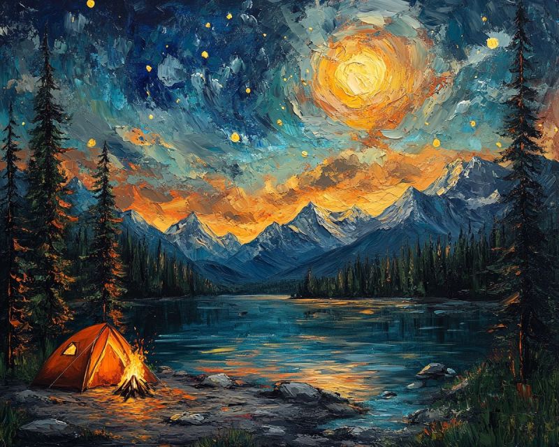 Acrylic painting night landscape campfire accurate picture amazing demonstrating the mischiefs wild of human activities on la acrylic painting night landscape campfire