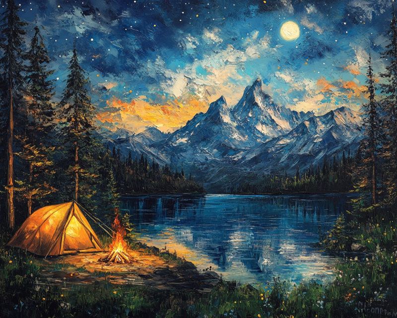 Painting mountain scenery camping lake night sky star range tent under vast forested area natural beauty serene outdoor setting person walking down a street at night. The individual appears to be wearing a red dress and has long hair, with the head turned slightly to the side as they look forward. The setting is serene, with a cobblestone street lined by buildings that have lanterns hanging from their roofs, illuminating the scene below. In the background, there's an architectural structure resembling a cathedral or church, adding to the picturesque and romantic atmosphere of the town square. The sky is painted in shades of dark blue, suggesting it's nighttime, and stars are visible in the upper left corner of the image. There is no text present in the image.