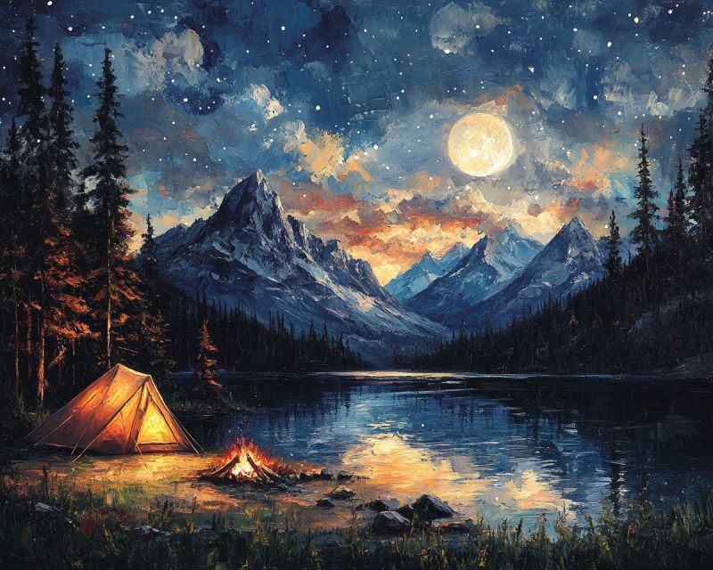 Lake camping tent mountain range night sky moonlight star natural beauty wilderne outdoor adventure person dressed in what appears to be traditional attire, likely inspired by Indigenous cultures. The individual is wearing intricate face paint and headdresses with feathers, and their hair is adorned with large beads. They are also accessorized with large earrings that have a tribal design. The background suggests the person may be at an event or festival, as there are other people visible and they seem to be in a festive setting with colorful garments and accessories. The person is posing for the photo with confidence, looking directly at the camera.