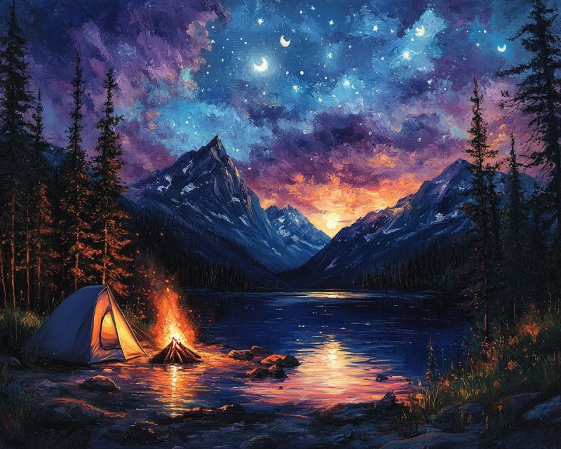 Acrylic painting night landscape campfire accurate picture amazing demonstrating the mischiefs wild of human activities on la acrylic painting night landscape campfire