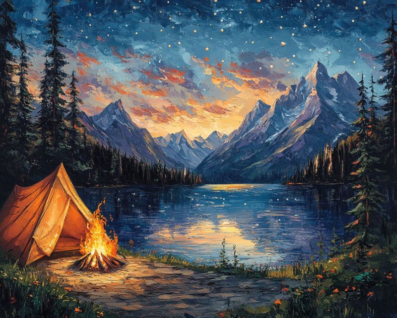 Acrylic painting night landscape campfire accurate picture amazing demonstrating the mischiefs wild of human activities on la acrylic painting night landscape campfire