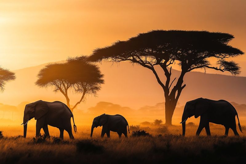 Elephants sunset savannah wildlife safari natural dusk africa trees horizon zebra evening open nighttime fog sunrise sky tranquility solitude tranquil scene of a safari park at sunset. Several elephants are walking across the landscape, with their large forms standing out against the backdrop of a warm, fading light. The elephants appear to be moving in a group, one following the other, creating a dynamic sense of movement. They are passing by a lone tree that stands tall amidst the expanse of the grassland. The sky above them is a gradient of hues as the sun sets, with the silhouettes of the elephants and tree providing stark contrast against the sky's colors. The scene conveys a sense of calmness and majesty, typical of wildlife reserves during the golden hours of the day.