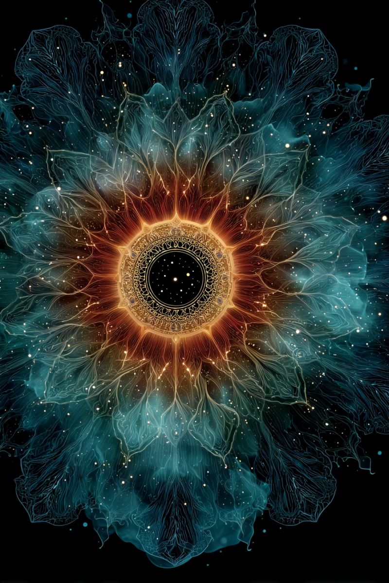 Cercle bleu fleur coloree concept design fractal geometrique lueur etoile doree Un design vibrant et abstrait en forme de fleur domine l'image, avec des motifs complexes et fluides dans des nuances de bleu, vert et orange. Le centre de la fleur présente un design circulaire avec un arrière-plan sombre et étoilé, entouré d'un anneau doré aux motifs complexes. Les pétales de la fleur sont ornés de lignes et de points délicats et lumineux, créant un sentiment de profondeur et de mouvement. L'effet global est celui d'une beauté et d'une complexité éthérées, avec un sentiment de mystère et d'émerveillement.