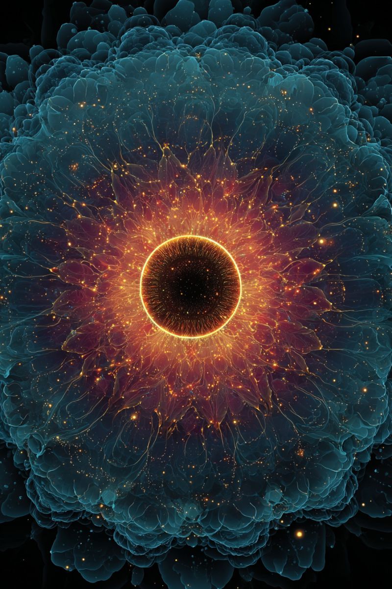 Bleu brillant cercle concept sombre design energie explosion fleur fractal eclat eclatant Cercle, centre sombre entouré d'une aura vibrante et multicolore. Le cercle central est sombre et semble être un trou noir, avec un anneau jaune lumineux autour de lui. Cet anneau est entouré de couches de couleurs tourbillonnantes, y compris des nuances de bleu, de violet et de rouge. La partie extérieure de l'image est composée de nombreux petits points lumineux et de motifs complexes en forme de toile d'araignée qui s'étendent vers l'extérieur. L'effet global est celui d'une scène cosmique dynamique avec un sentiment de profondeur et de mouvement.