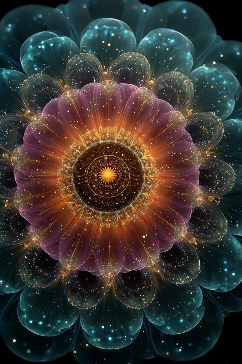 Fleur design fractal geometrique lueur dore mandala mathematiques violet rouge etoile symetrie Un design floral abstrait et vibrant domine l'image, présentant un motif circulaire central avec des anneaux dorés concentriques rayonnant vers l'extérieur. Les pétales de la fleur sont superposés et translucides, avec des nuances de violet, d'orange et de jaune. Le fond est sombre, avec des étincelles dorées et bleues dispersées ajoutant une touche mystique. L'effet global est celui d'une beauté et d'une profondeur complexes, avec un sentiment de mouvement et de lumière.