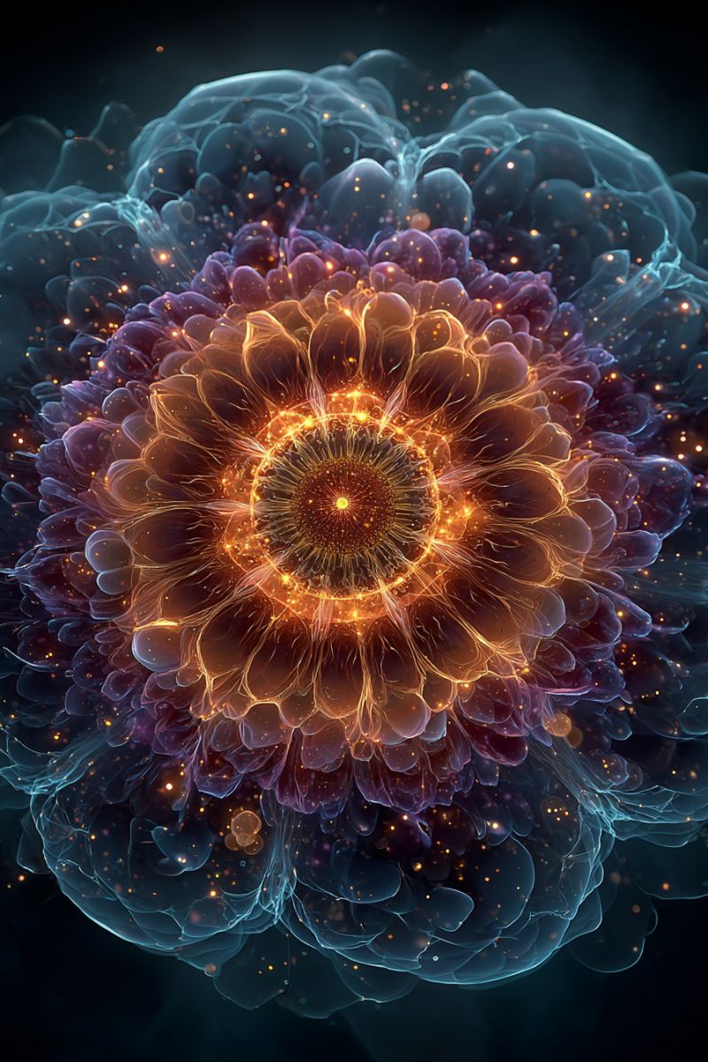Flower design colorful pattern glow bubble texture geometric symmetry fractal nature organic modern creative Une oeuvre d'art numérique vibrante et abstraite présente une grande fleur circulaire avec plusieurs couches de pétales. Les pétales sont translucides et superposés, la couche la plus externe étant d'un bleu profond et la couche la plus interne d'un orange ardent. Le centre de la fleur est d'un jaune vif, irradiant vers l'extérieur dans un motif circulaire. Le fond est sombre, avec des particules de lumière éparses et lumineuses qui ajoutent une sensation de profondeur et de mouvement à l'oeuvre. L'effet global est celui d'une fleur dynamique et lumineuse dans un espace sombre
