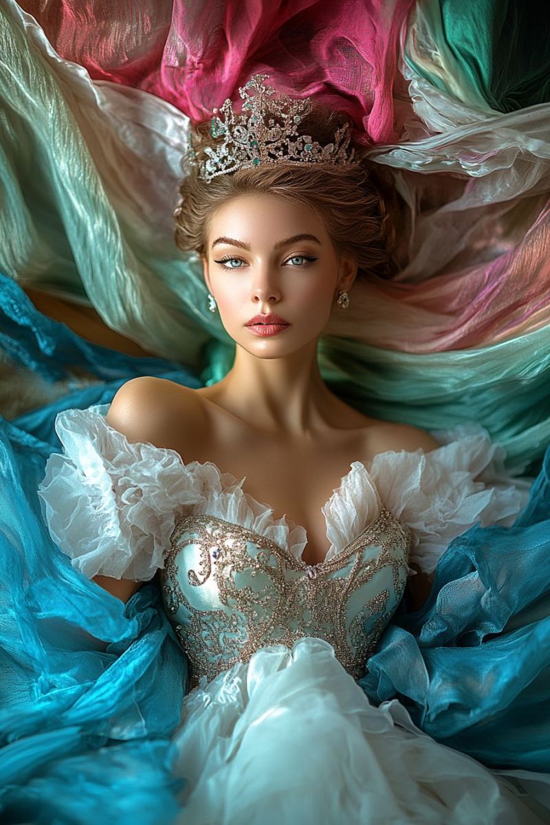 Bridal dress mariee reve princesse bal cinderelle romantique mode fleur jupon tulle corset orne mariages elegants La personne est vêtue d'une robe de mariée élégante et légère à manches sur les épaules, ornée de détails intrincats. La robe possède une jupe flottante qui s'étend en train, donnant l'impression de mouvement. L'épouse est assise contre un fond coloré et dynamique composé de tissu tiré dans des nuances de bleu, vert et rose, créant une effet éthéréal. La personne a ses cheveux coiffés et reculés depuis son visage, ce qui contribue à l'apparence élégante. Son maquillage est fait de manière à mettre en valeur ses caractéristiques, notamment ses yeux, et elle a un expression neutre sur son visage.