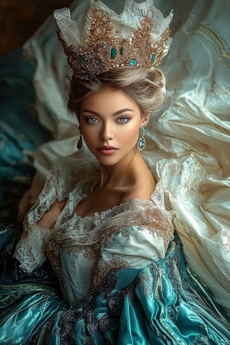 Femme beaute atteintes gothiques royaute elegance mode victorienne reine couronne dereglement courant fin Dans l'image, la femme est représentée avec une façon royale et élégante. Elle possède des cheveux longs et de couleur claire stylés en haut avec ce qui ressemble à un diadème ou un accessoire du visage doté d'incisions sophistiquées. La femme porte une robe aux tons historiques ou victoriens, avec une jupe pleine et un corsage qui suggère un vêtement étroit typique de tels périodes. Le palette de couleurs comprend des nuances de bleu, de vert et de blanc, ce qui confère un air de distinction à la tenue. Elle fixe directement le regardeur avec une expression neutre sur son visage. Ses mains ne sont pas visible dans cette pose. L'arrière-plan est une texture floue qui ressemble au tissu ou au dentelle du velours, ce qui contribue à l'esthétique royale globale.