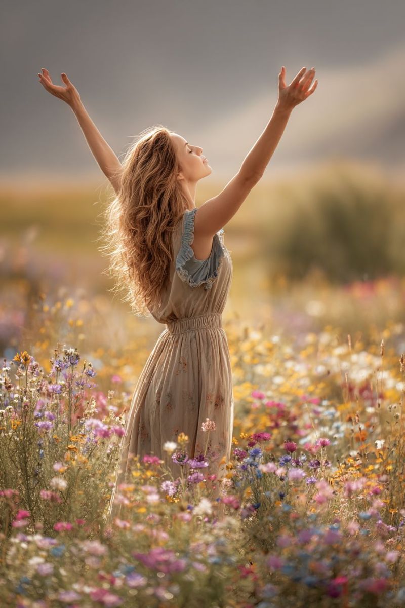 Femme champ fleurs nature liberte bonheur beaute joie meditation inspiration positivite gratitude bien soin soi conscience relaxation zen Une femme aux longs cheveux blonds ondulés se tient dans un vaste champ de fleurs sauvages, les bras levés vers le ciel. Elle porte une robe légère et fluide aux couleurs claires avec un col froncé. Ses yeux sont fermés et elle semble dans un moment de profonde contemplation ou de joie. Les fleurs sauvages autour d'elle sont de diverses couleurs, notamment jaune, rose, violet et blanc, créant un arrière-plan vibrant et coloré. Le ciel au-dessus est clair et bleu, avec une touche de soleil illuminant la scène.