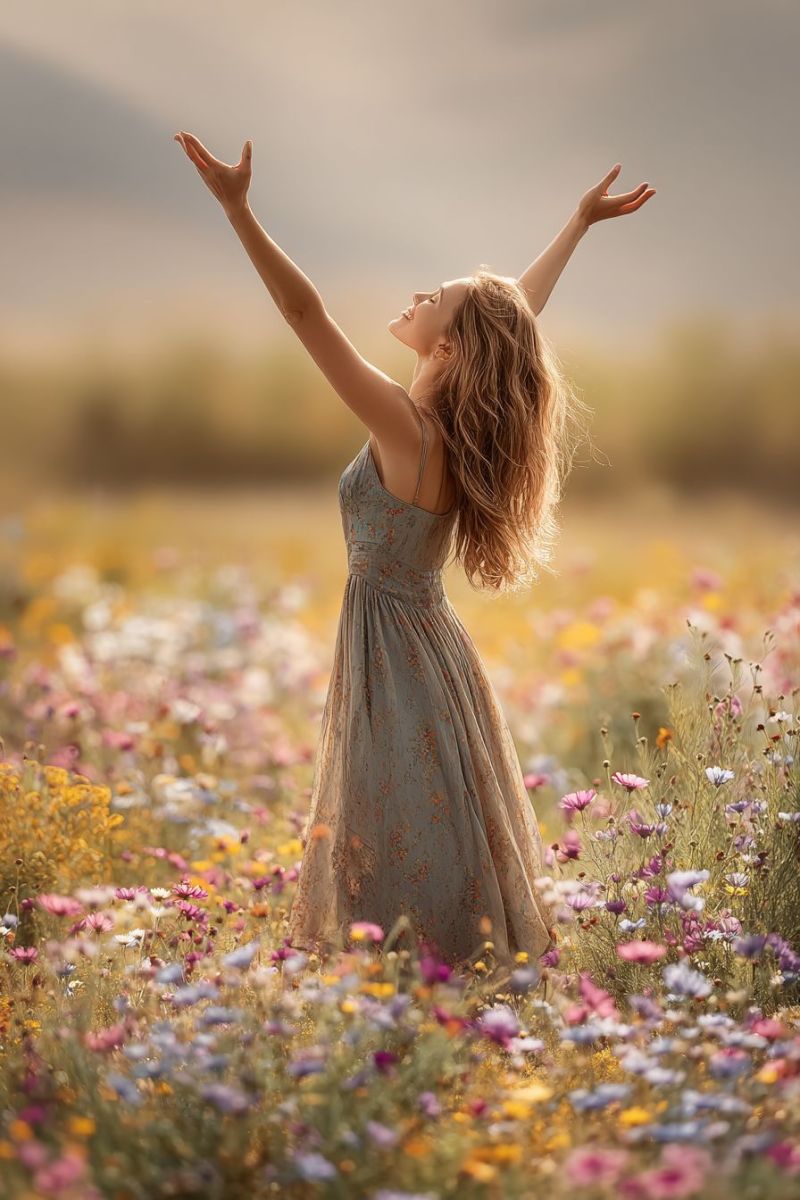 Woman field flowers dress nature freedom happiness beauty A woman with long, wavy blonde hair stands in a vast field of colorful flowers, her arms raised towards the sky. She wears a sleeveless, floral-patterned dress that flows gently around her. Her face is turned upward, and she appears to be in a moment of joy or contemplation. The field is filled with a variety of flowers in shades of pink, yellow, and white, creating a vibrant and serene backdrop. The sky above is soft and hazy, contributing to the peaceful atmosphere of the scene.