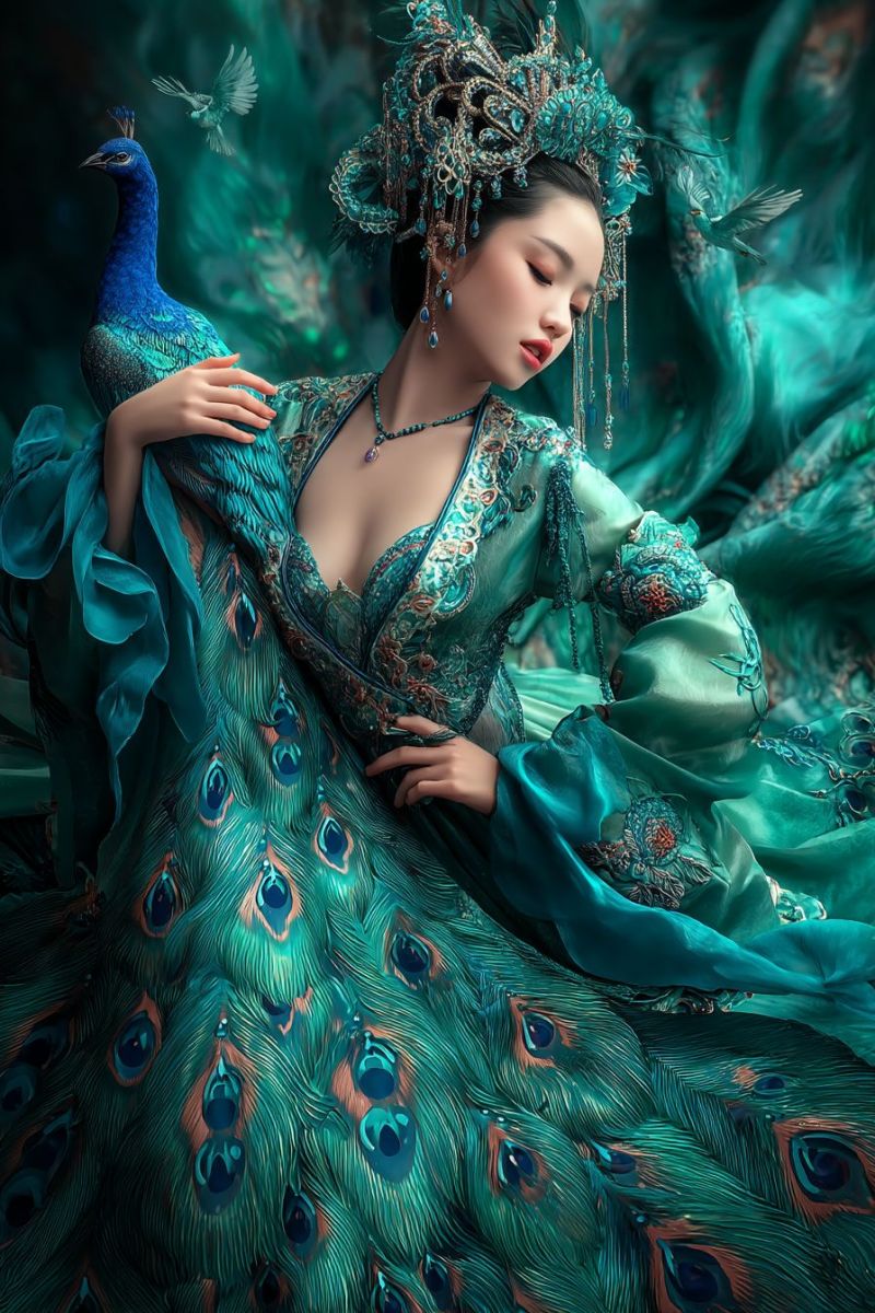 Woman dress peacock feathers crown jewelry necklace earrings hair eyes lips hand fingers shadow fantasy oriental A woman dressed in an elaborate, peacock-feathered gown lies gracefully on a lush green background. Her gown is a deep teal color, adorned with intricate patterns and shimmering peacock feathers that cascade down her body. She wears a matching headdress with dangling ornaments and a necklace with a large pendant. Her eyes are closed, and she has a serene expression. A peacock with its tail feathers spread out is perched on her shoulder, adding to the regal and mystical atmosphere of the image.