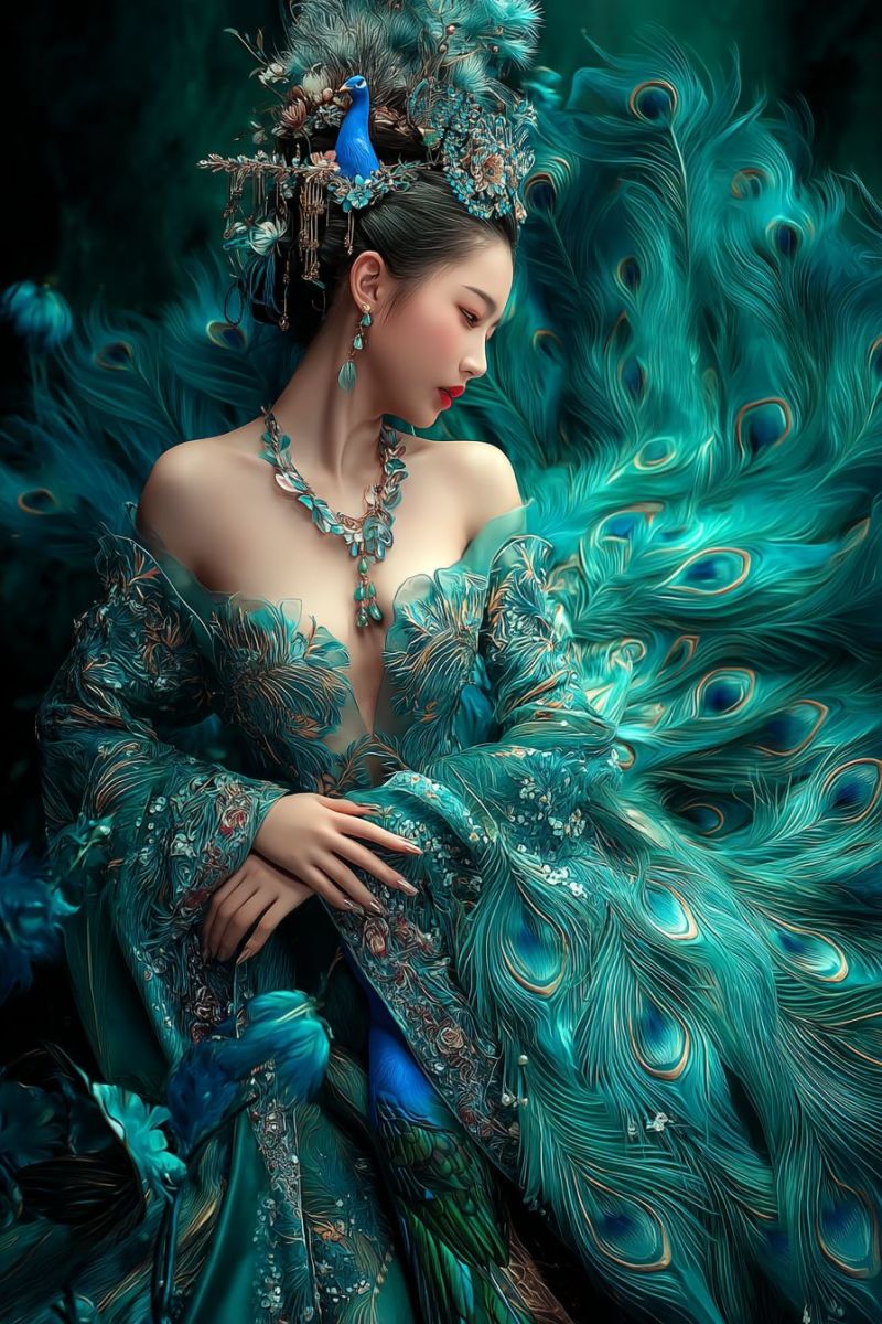 Woman dress peacock feathers jewelry necklace earrings headpiece hair fashion beauty elegance luxury oriental traditional fantasy mythology A woman dressed in a flowing, teal-colored gown adorned with intricate gold and silver embroidery. Her gown features a deep V-neckline and long, elegant sleeves. She wears a matching headdress with peacock feathers, including a blue peacock perched on top. The woman's hair is styled in an elaborate updo, and she has a serene expression. She is holding her hands gracefully in front of her, with her fingers slightly curled. The background is dark, enhancing the vibrant colors of her attire.