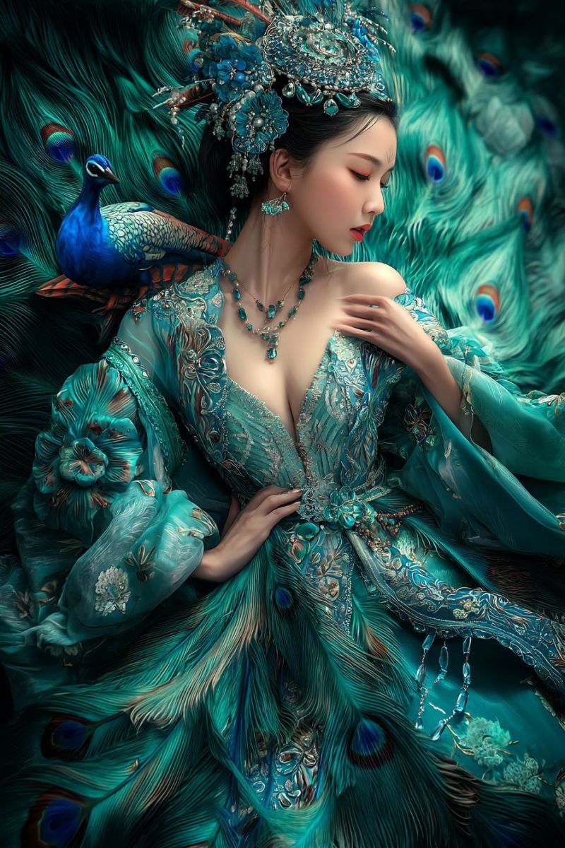 Woman dress peacock feathers jewelry crown necklace earrings fashion beauty elegance luxury oriental traditional decorative embroidery A woman dressed in a teal gown adorned with intricate floral and peacock feather designs lies on a bed of peacock feathers. Her hair is styled into an elaborate updo decorated with turquoise and silver ornaments. She wears a matching headdress and a necklace with turquoise stones. A peacock with vibrant blue and green feathers rests on her shoulder, adding to the regal and mystical atmosphere of the scene.