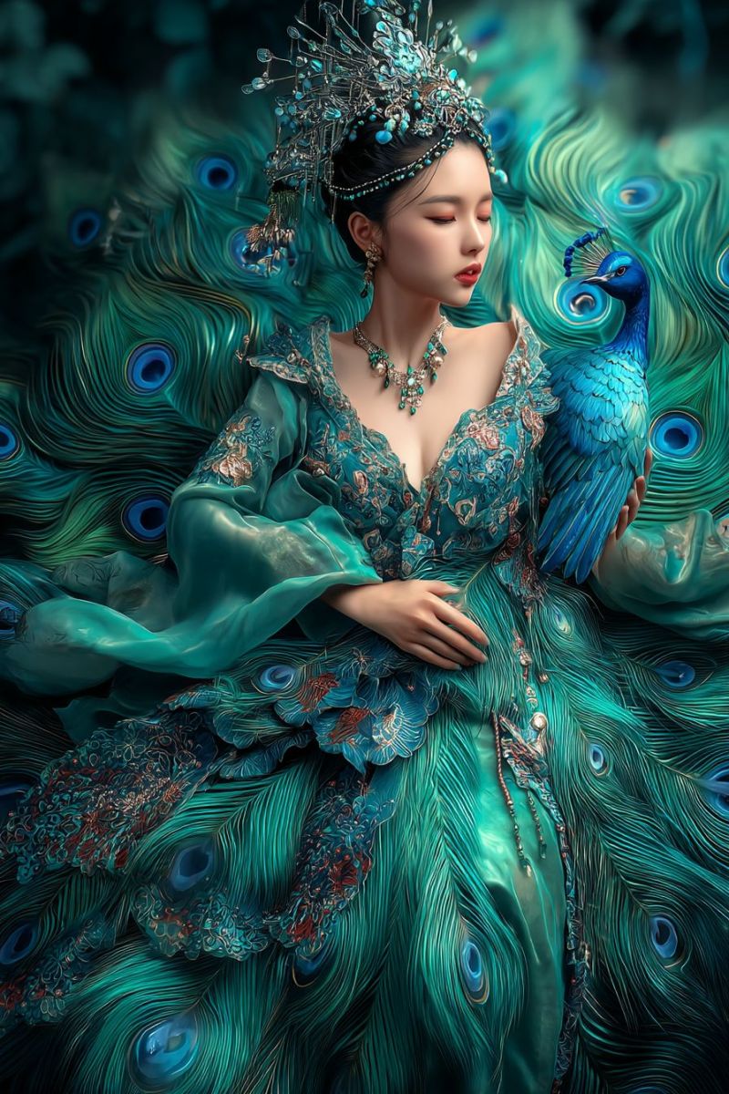 Woman peacock dress feathers jewelry crown fashion beauty elegance luxury fantasy mythology oriental decorative embroidery A woman dressed in an elaborate teal gown adorned with peacock feathers, her hair styled into an intricate updo with a matching headdress. She holds a peacock with vibrant blue and green feathers, its head resting on her shoulder. The peacock's tail feathers spread out behind her, blending into the background. The woman's face is serene, with her eyes closed, and she wears a necklace with dangling stones. The overall scene is set against a dark, blurred background, emphasizing the vibrant colors of the peacock feathers and the woman's attire.