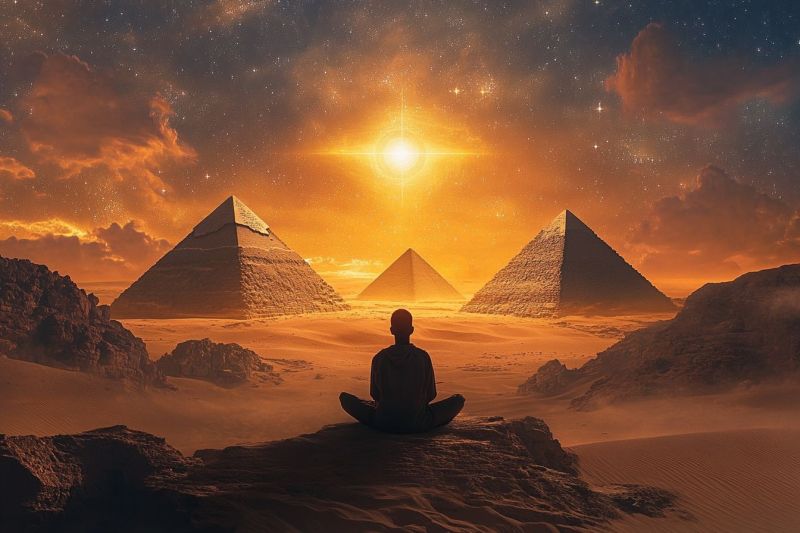 Ancient egypt desert pyramids giza meditation spirituality mystical solitude sunset sunrise contemplative cosmic astronomical serenity mindfulne inner serene landscape with two prominent features. In the foreground, there is a human figure sitting in meditation or deep thought on the ground. This figure appears to be calmly looking towards the horizon, with their hands clasped together, suggesting a moment of peace or reflection. In the background, there is a pyramid-like structure, which seems to be part of an ancient or otherworldly architecture. The architecture shares similarities with those found in historical sites associated with the Egyptian pyramids. The environment is characterized by vast open spaces under a stylized sky that gives off a vibe of either sunrise or sunset, due to its warm and golden hues. There are also rock formations scattered around the area, adding to the sense of a remote location. The overall atmosphere of the image is one of tranquility and introspection.