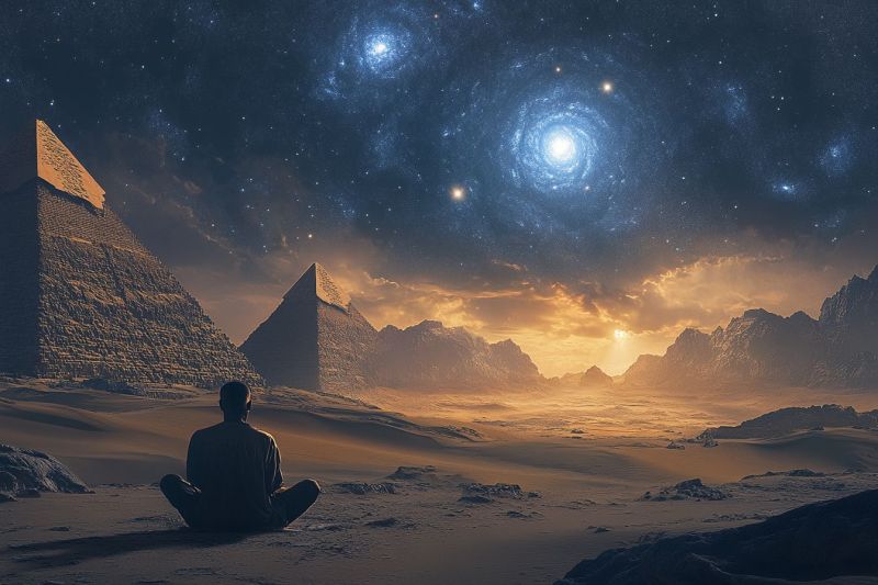 Cosmic stargazing spirituality contemplative atmosphere astronomy egyptian pyramid night sky sphinx desert terrain peaceful solitude mystical scenery This is a digital artwork that depicts an individual in a meditative pose, seated on the ground and facing towards what appears to be a large celestial structure or a monumental edifice resembling ancient Egyptian architecture. The person is centrally located within the image and is dressed in casual attire, suggesting a peaceful or introspective moment. The background features a barren landscape with a desert-like environment that extends into the distance. It has a sandy surface with sparse vegetation, under a starry night sky with visible constellations. The scene is bathed in a warm, golden light, creating a serene and mystical atmosphere. There are no texts or distinctive markings on the image. The style of the artwork is reminiscent of digital paintings with a focus on atmospheric depth and cosmic themes. The overall mood conveyed by the artwork is one of tranquility and contemplation.