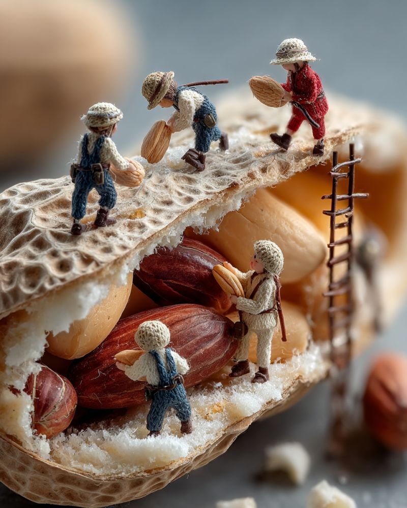 Miniature people peanut shell nuts ladder gathering craftsmanship food decoration texture blurry collection hobby A miniature scene depicts several tiny figures dressed in hats and overalls, working inside a large, open peanut shell. They are engaged in various activities such as picking up peanuts, carrying them, and placing them into a basket. The peanut shell is filled with a variety of peanuts, some still in their shells, and there is a small ladder leading into the shell. The background is slightly blurred, with additional peanuts scattered around.