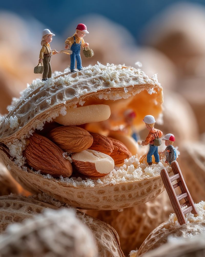 Miniature cacahuetes amandes agriculteurs recolte cueillette noix coques paniers echelle collecte nourriture agriculture imagination creativite Une scène miniature dépeint un groupe de minuscules personnes travaillant à l'intérieur d'une grande coque de cacahuète. Deux personnes se tiennent sur la surface de la coque, l'une tenant un panier, tandis que d'autres sont à l'intérieur, certaines grimpant une petite échelle. La coque de cacahuète est ouverte, révélant son intérieur rempli d'amandes. L'arrière-plan est une collection douce et floue de plus de coques de cacahuète.