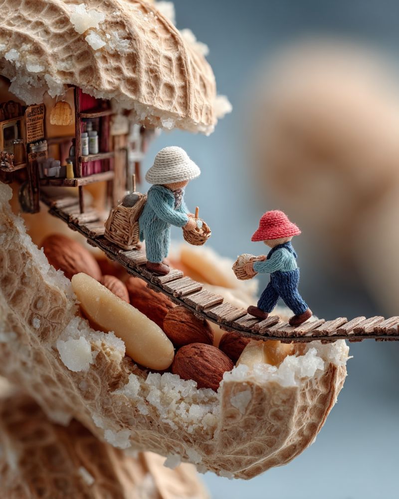Miniature peanut house people bridge nuts basket sugar food decoration craft texture structure imagination fantasy play adventure miniature scene set inside a peanut shell. Two tiny figures, dressed in traditional clothing, are walking on a wooden bridge that spans across the peanut shell. The peanut shell is open, revealing its interior filled with various nuts and a small, intricately detailed house made of what appears to be wood or a similar material. The house has a thatched roof and a small porch with a lamp hanging from it. The figures are carrying baskets, suggesting they are collecting or gathering something. The background is softly blurred, focusing attention on the detailed scene within the peanut shell.