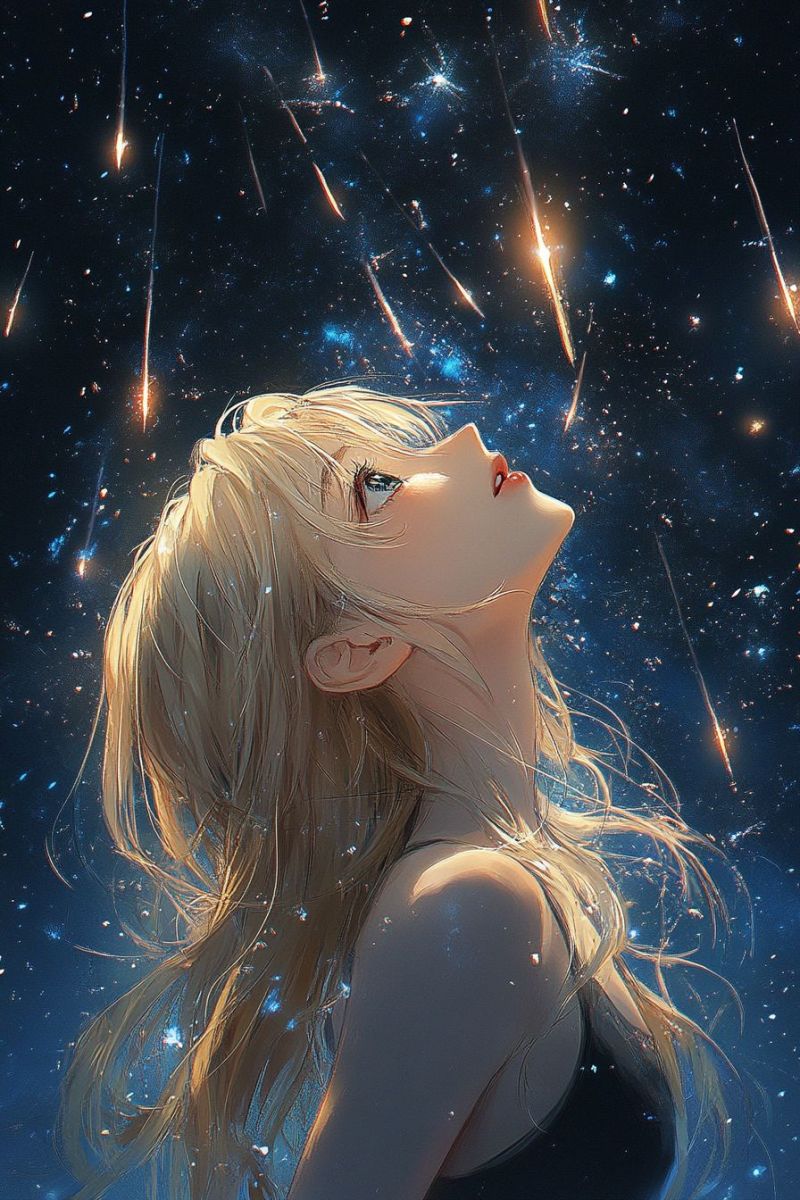 Feminin anime spatial nuit etoilee regard reveur fantasy selection cosmique principal cheveux stylises atmosphere mystique Feminin anime spatial nuit etoilee regard reveur fantasy selection cosmique principal cheveux stylises atmosphere mystique