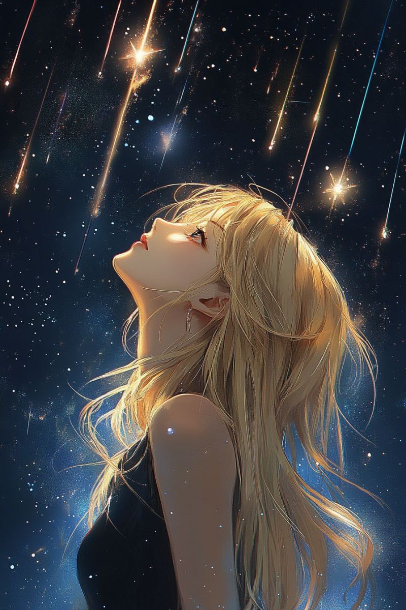 Anime female space stars galaxy blonde hair stylish dreamlike atmosphere celestial woman with long, light-colored hair. She is depicted in a state of contemplation or possibly a moment of inspiration or hope. Her eyes are closed, and she appears to be looking upwards towards the sky or a cosmic background. The background features what looks like stars or celestial bodies, suggesting a theme related to the universe or the unknown. The woman is wearing a black top with some light details that could indicate a soft texture or lace, which contrasts with her hair. The overall color palette of the image is soft and pastel, contributing to a serene and contemplative mood. The lighting in the image highlights the woman's features and gives a sense of depth and dimension to the scene. The image is well-crafted, with a clear focus on the woman and a sense of vastness conveyed by the cosmic background. It's a piece of artwork that combines elements of human emotion with the grandeur of space, creating a visually appealing composition.