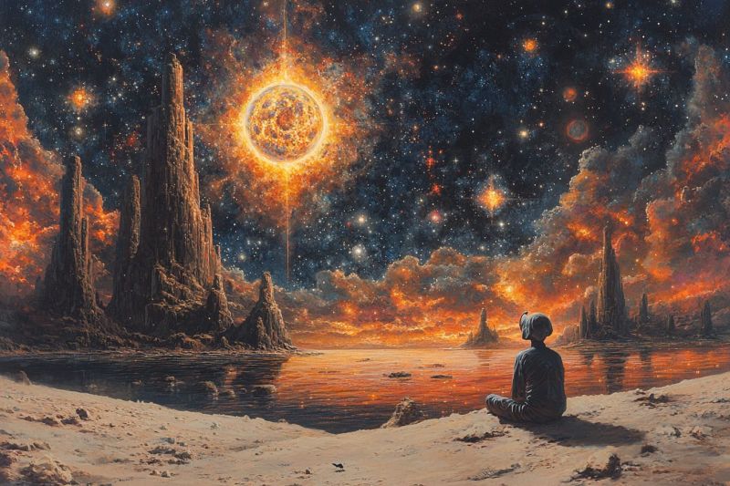 Space science fiction astronomy painting celestial starry night sky fantasy surreal sun eclipse alien planet depiction cosmic moon phase otherwo surreal and imaginative nightscape. In the foreground, there is a person seated on the ground, looking out at the scene with contemplation or wonder. The background features a large celestial body that resembles the sun, hanging in the sky. This sun has an unusual design that includes intricate patterns and what appears to be a human face, which adds a sense of mystery and anthropomorphism to it. Surrounding this central celestial body are several smaller celestial bodies, which could be interpreted as stars or planets. The landscape is rocky and barren, with sparse vegetation suggesting a harsh, possibly desert-like environment. There are tall, slender structures that rise up from the ground, appearing somewhat alien and not found in natural landscapes. The sky above is filled with clouds, enhancing the otherworldly atmosphere of the scene. The lighting suggests it's either dusk or dawn, given the long shadows cast by the person and the structures, as well as the warm glow from the celestial bodies. There are no visible texts in the image, so all elements are purely visual and require no reading to describe them.