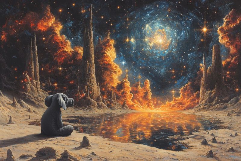 Science fiction space fantasy futuristic alien environment night sky astrology exploration otherworldly surreal mystical astronomy surreal landscape. A prominent feature is an anthropomorphic dog sitting on the left side of the frame, looking out towards the viewer. The dog appears to be anthropomorphized with upright posture and human-like features. In the background, there's a cosmic scene featuring nebulas and stars, creating a contrast between the terrestrial animal and the celestial backdrop. A large, spherical object or planet is in the center of the image, which has an intricate texture that resembles a soap bubble floating in space. On the right side of the image, there's a body of water reflecting the surroundings. There are also several structures or monuments on the bank of this water body, which appear to be constructed from sand or other natural materials. They have a futuristic or extraterrestrial design and stand out against the natural elements in the foreground. The overall atmosphere is one of science fiction and fantasy, with a sense of wonder and otherworldliness. The colors are vibrant, with a mix of blues, yellows, and browns, contributing to a dreamlike quality.