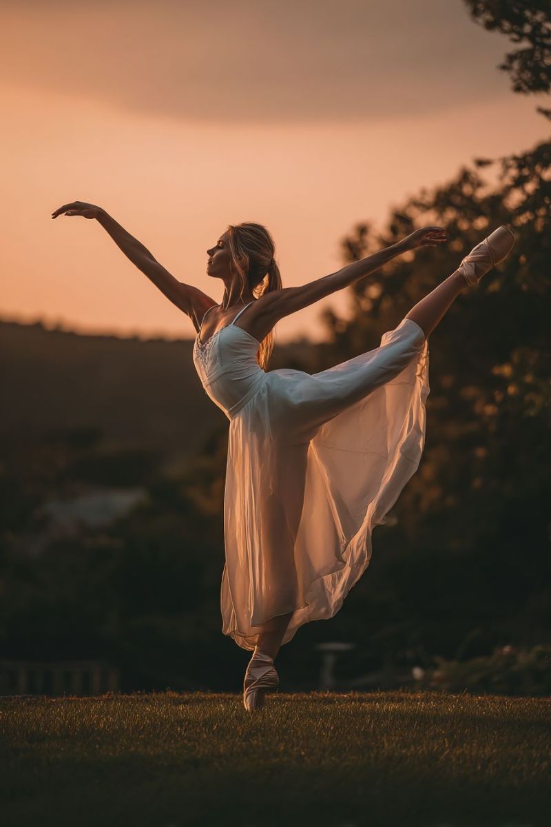 Ballet dancer dance performance grace elegance creativity expression movement posture flexibility strength training practice outdoors nature sunset A woman in a white ballet dress is performing a ballet pose on a grassy field. She is standing on one leg, with the other leg extended behind her, and her arms are gracefully extended outwards. Her hair is tied back, and she is wearing ballet shoes. The background features trees and a silhouette of a house, with the sky painted in warm, golden hues, suggesting either dawn or dusk.