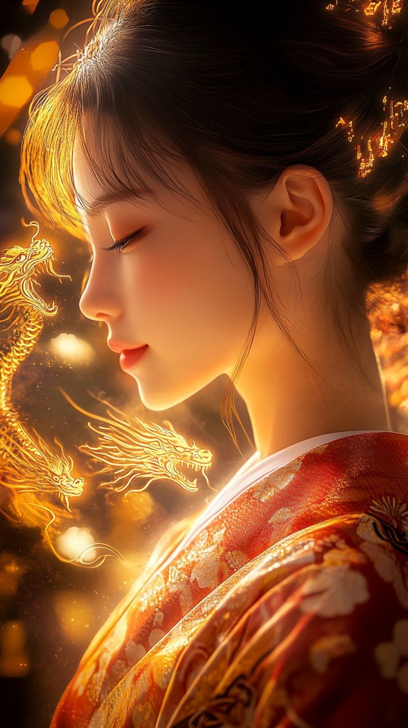 Woman dragon fantasy oriental beauty hair eyes sleeping glow shadow red gold traditional culture mythology A woman with long, dark hair styled in an elegant updo is wearing a traditional red and gold kimono. Her face is turned to the side, and she has her eyes closed, giving her a serene and contemplative expression. The background features a golden dragon with intricate details, its body and head glowing with a warm, golden light. The dragon's scales shimmer, and its eyes are open, adding a mystical element to the scene. The overall atmosphere is mystical and serene, with the dragon's golden glow illuminating the woman's face and kimono.