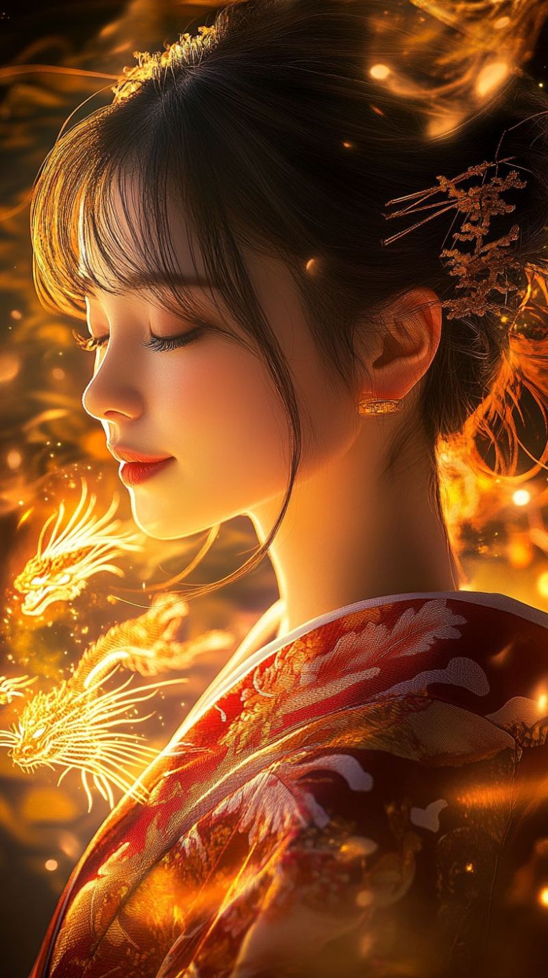 Woman hair hairstyle ear earring earrings A woman with long, dark hair styled in a traditional manner, adorned with golden ornaments, gazes downward with her eyes closed. She wears a red and gold kimono with intricate patterns, and her lips are painted a soft red. The background is a warm, golden hue with dragon-like shapes and glowing light effects, creating a mystical and ethereal atmosphere.